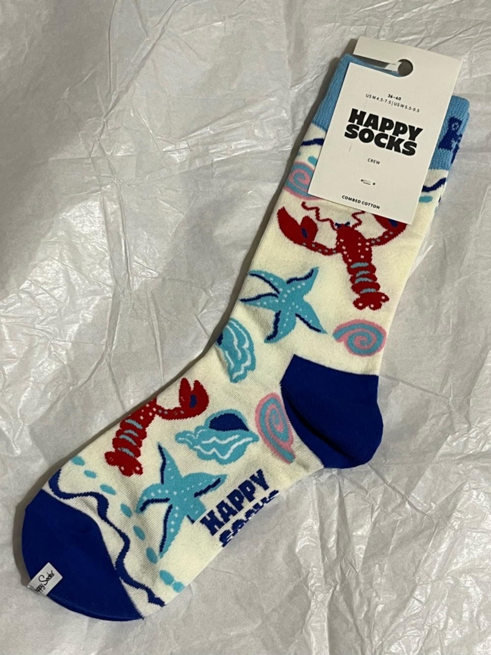 Happy Socks Men's Cream Beach Pattern Crew Socks Blue Toe NWT